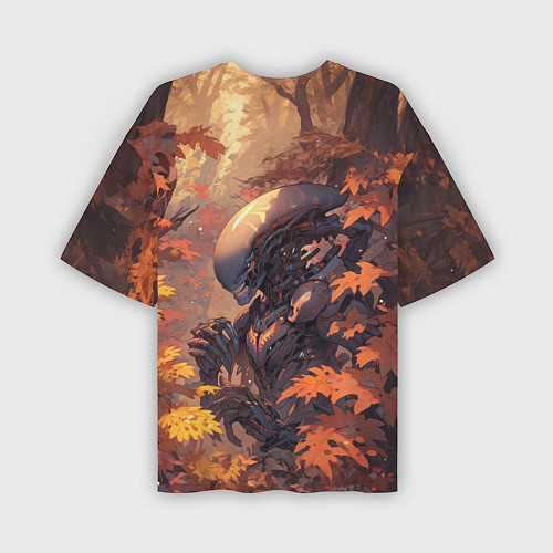 Мужская футболка оверсайз Ксеноморф в осеннем лесу / 3D-принт – фото 2