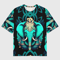 Футболка оверсайз мужская Бирюзовый слон с узорами и лотосом, цвет: 3D-принт