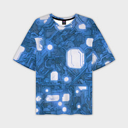 Мужская футболка оверсайз Синие кибернетические схемы неон