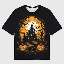 Футболка оверсайз мужская Ночной хэллоуинский замок и тыквы, цвет: 3D-принт