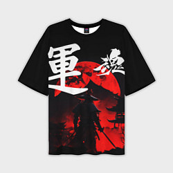Мужская футболка оверсайз Японский самурай и красная луна