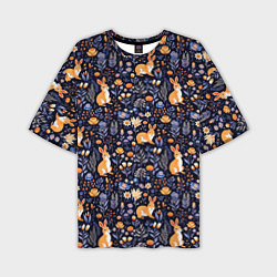 Мужская футболка оверсайз Оранжевые зайчики в траве на синем фоне