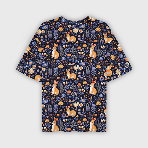 Мужская футболка оверсайз Оранжевые зайчики в траве на синем фоне / 3D-принт – фото 2