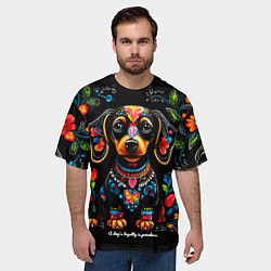 Футболка оверсайз мужская Такса с цветами и узорами, цвет: 3D-принт — фото 2