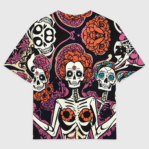 Мужская футболка оверсайз Черепа с цветами в гриме муэрто / 3D-принт – фото 2