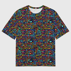 Мужская футболка оверсайз Абстрактные разноцветные линии на черном фоне