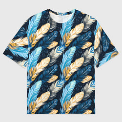 Мужская футболка оверсайз Перья птиц на темном фоне паттерн