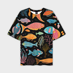 Мужская футболка оверсайз Фолк-арт рыбовы