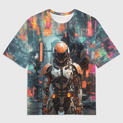 Футболка оверсайз мужская Киборг в оранжевых тонах, цвет: 3D-принт