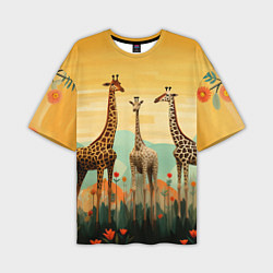 Мужская футболка оверсайз Три жирафа в стиле фолк-арт