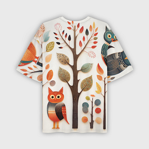 Мужская футболка оверсайз Совы в осеннем лесу в стиле фолк-арт / 3D-принт – фото 2