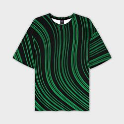 Футболка оверсайз мужская Абстракция зелёные линии на чёрном, цвет: 3D-принт