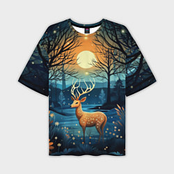 Мужская футболка оверсайз Олень в ночном лесу фолк-арт