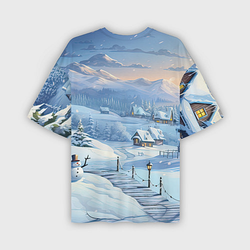 Мужская футболка оверсайз Новогодний дворик со снеговиком / 3D-принт – фото 2