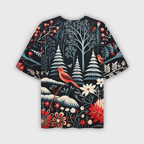 Мужская футболка оверсайз Новогодний лес и птицы / 3D-принт – фото 2