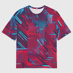 Мужская футболка оверсайз Киберпанк линии синие и красные