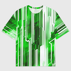 Футболка оверсайз мужская Киберпанк полосы белый и зелёный, цвет: 3D-принт