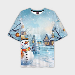 Мужская футболка оверсайз Новогодний городок и снеговики