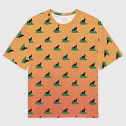 Мужская футболка оверсайз Черный кот в новогодней шапке уронил елку