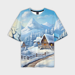 Мужская футболка оверсайз Новогодняя зимняя деревня