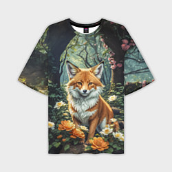 Мужская футболка оверсайз Лисица в лесу в цветах