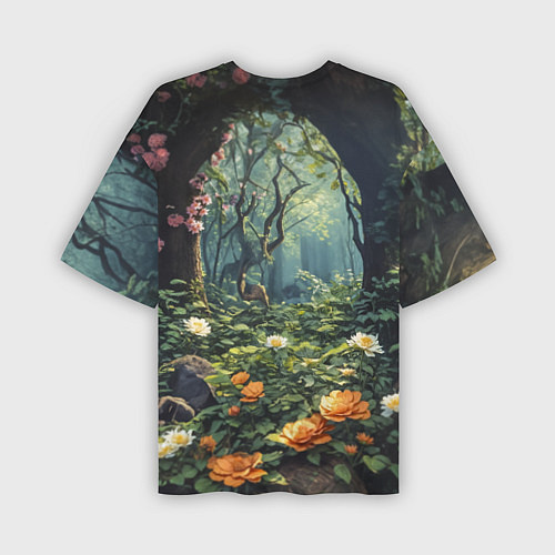 Мужская футболка оверсайз Лисица в лесу в цветах / 3D-принт – фото 2