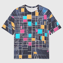 Футболка оверсайз мужская Белые полосы и разноцветные квадраты, цвет: 3D-принт