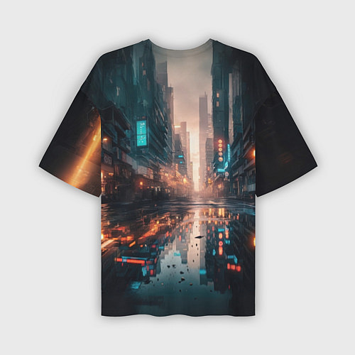 Мужская футболка оверсайз Городской пейзаж после дождя / 3D-принт – фото 2