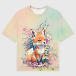 Мужская футболка оверсайз Милый лисёнок в цветах