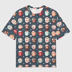 Футболка оверсайз мужская Кружки какао - зимний новогодний паттерн, цвет: 3D-принт