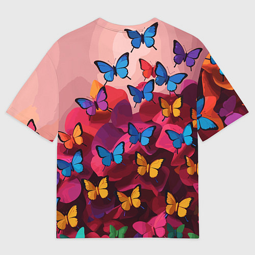 Мужская футболка оверсайз Разноцветные бабочки - розовые цветы / 3D-принт – фото 2