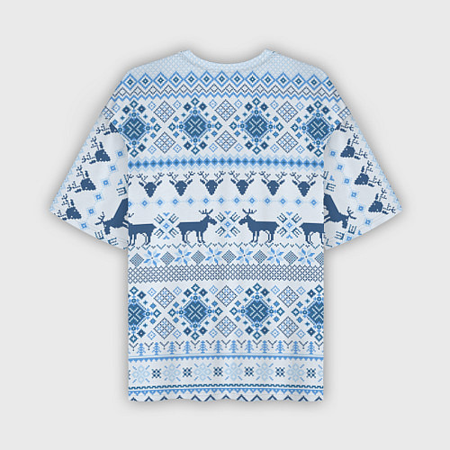 Мужская футболка оверсайз Blue sweater with reindeer / 3D-принт – фото 2