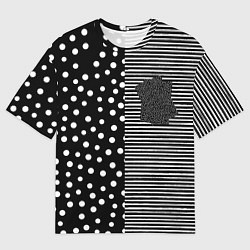 Мужская футболка оверсайз Мелкая полоска и белый горошек на чёрном