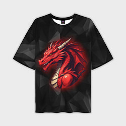 Мужская футболка оверсайз Красный дракон на полигональном черном фоне