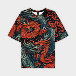 Мужская футболка оверсайз Красный и серый дракон