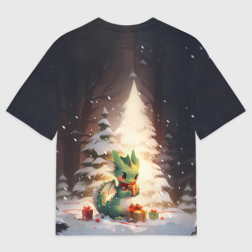 Мужская футболка оверсайз Чиби-дракон под ёлкой с подарками / 3D-принт – фото 2