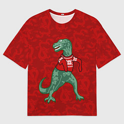 Мужская футболка оверсайз Динозавр в свитере - новогодние драконы