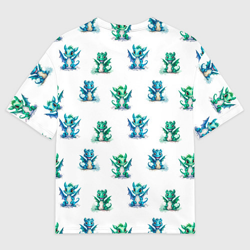 Мужская футболка оверсайз Дракончики зеленые и синие - паттерн акварельный / 3D-принт – фото 2