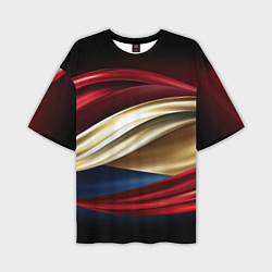 Мужская футболка оверсайз Золотые и красные волны абстракции