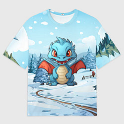 Мужская футболка оверсайз Дракон на зимнем заснеженном фоне