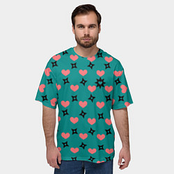 Футболка оверсайз мужская Бирюза и розовый: сердца и сюрикены, цвет: 3D-принт — фото 2