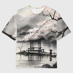 Мужская футболка оверсайз Пейзаж японское озеро