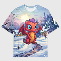 Футболка оверсайз мужская Милый дракон в новогодней деревне, цвет: 3D-принт