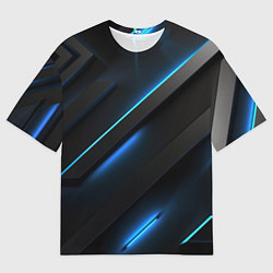 Мужская футболка оверсайз Черная конструкция с синими неоновыми вставками