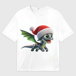 Мужская футболка оверсайз Милый дракончик, в шапке деда мороза