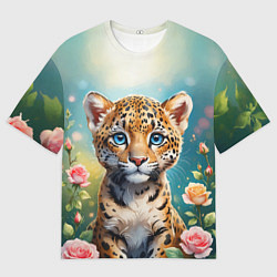 Мужская футболка оверсайз Портрет леопарда с розами