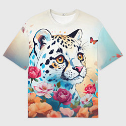 Футболка оверсайз мужская Мультяшный леопард в цветах, цвет: 3D-принт