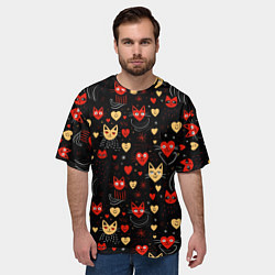 Футболка оверсайз мужская Паттерн с сердечками и котами валентинка, цвет: 3D-принт — фото 2