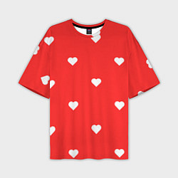 Мужская футболка оверсайз Белые сердца на красном фоне