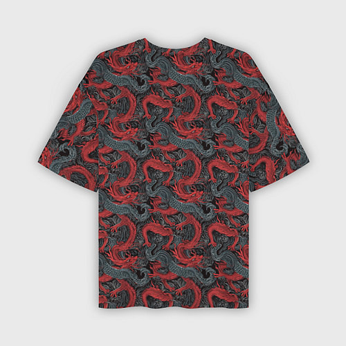 Мужская футболка оверсайз Красные драконы на сером фоне / 3D-принт – фото 2